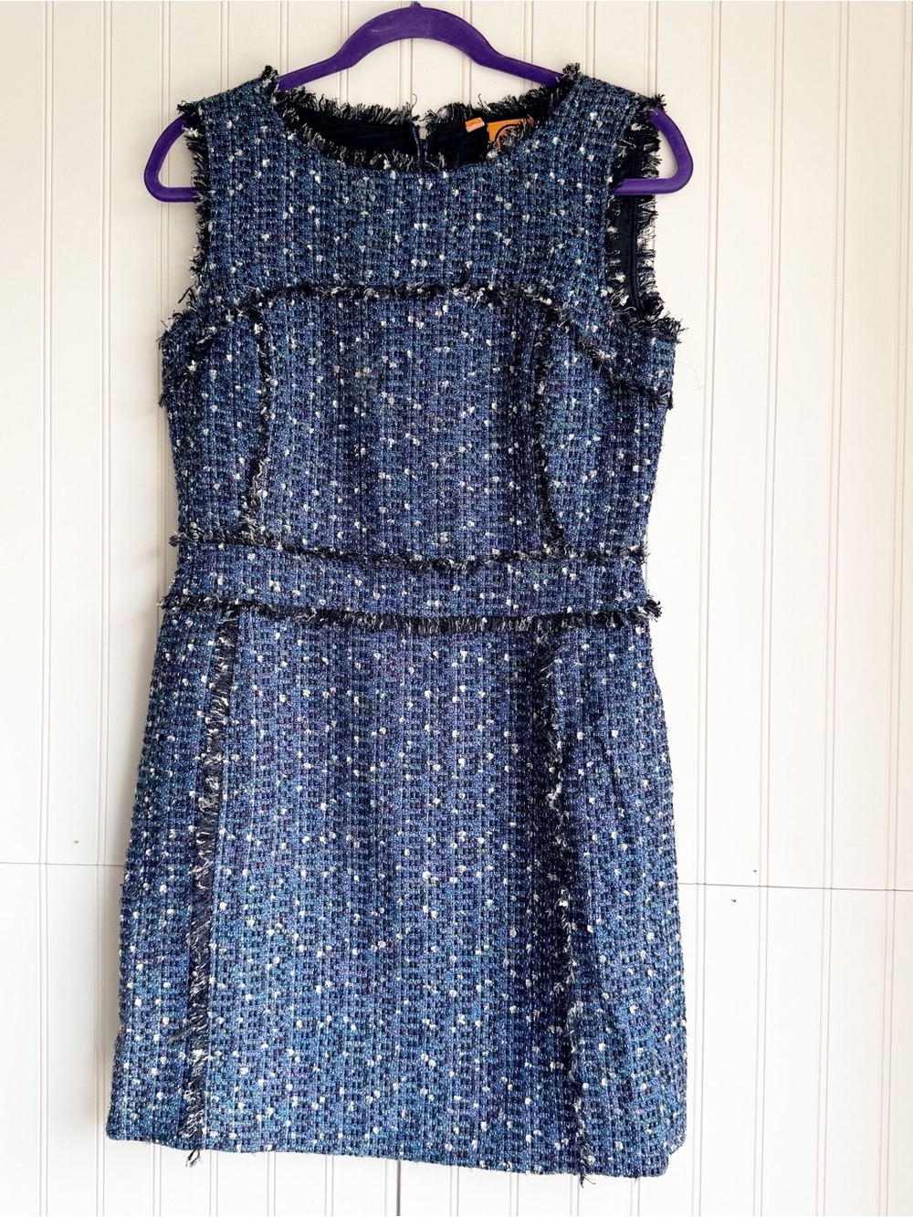 Tory Burch Size 8 Sleeveless Blue Tweed Sheath Dress Fringe Trim